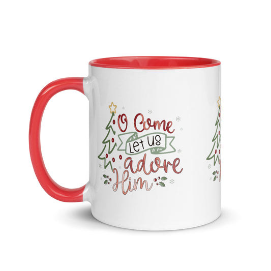 O Come Let Us Adore Him Christmas Mug with red handle and interior, front view