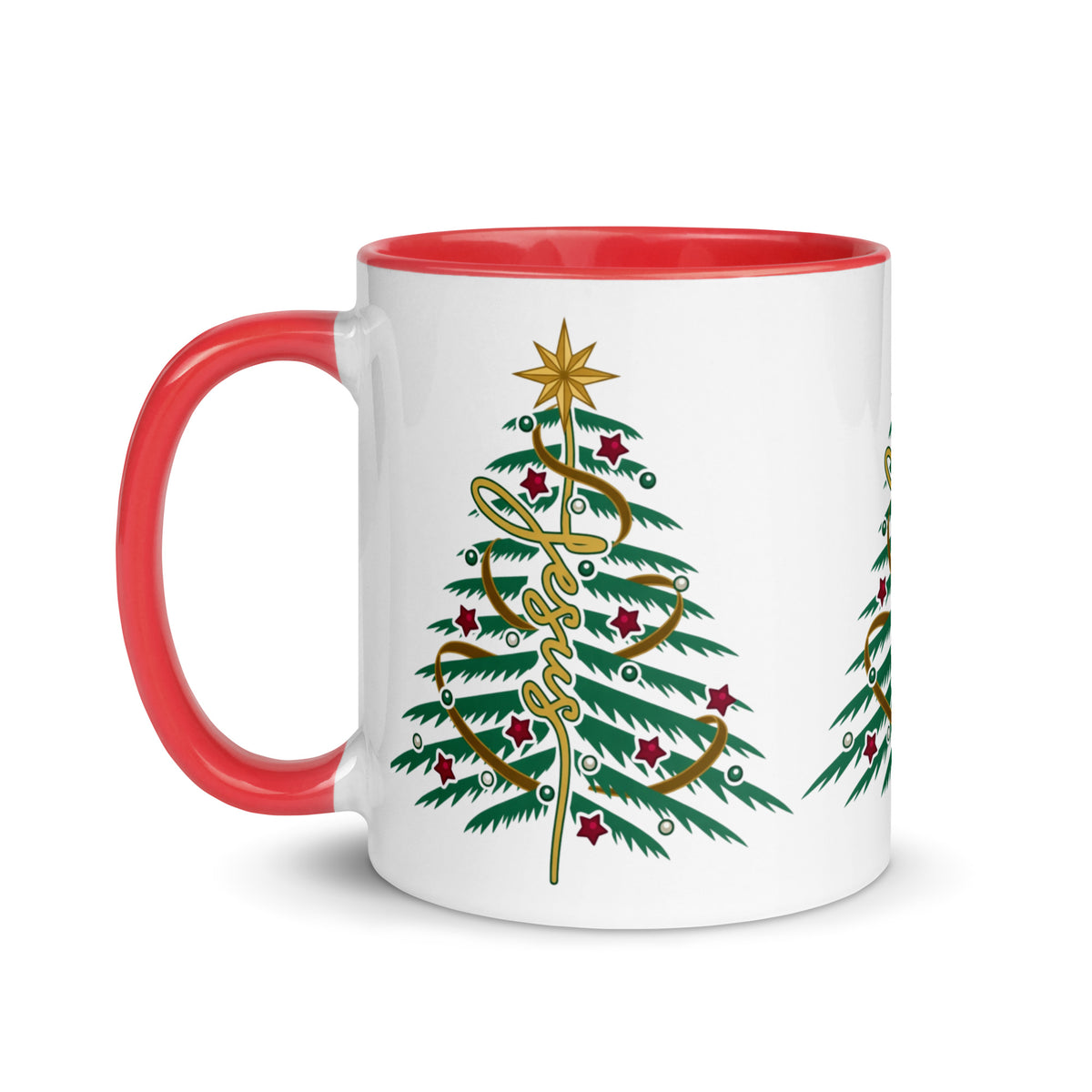 Jesus Christmas Tree Christian mug with red handle, front view on white background