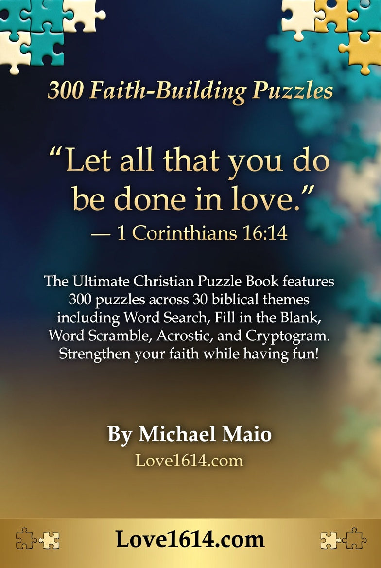 The Ultimate Christian Puzzle Book back cover featuring puzzle pieces and golden light